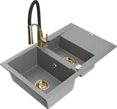 Zlewozmywaki z baterią - Mexen Gaspar zlewozmywak granitowy 1,5-komorowy z ociekaczem i baterią kuchenną Aster, szary - 6507-71-73450-57-G - miniaturka - grafika 1