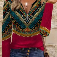 Bluzki damskie - TEMU Bluzka Damska z Wzorem w Kolorze Turkusowym i Czerwonym - Etniczny Sweter z Długim Rękawem, Okrągły Dekolt na Zamek, Pranie Maszynowe, Casual do - miniaturka - grafika 1