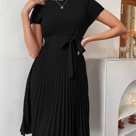 Sukienki - TEMU Damska sukienka w jednolitym kolorze z plisowanym dołem, okrągłym dekoltem i paskiem w talii - miniaturka - grafika 1