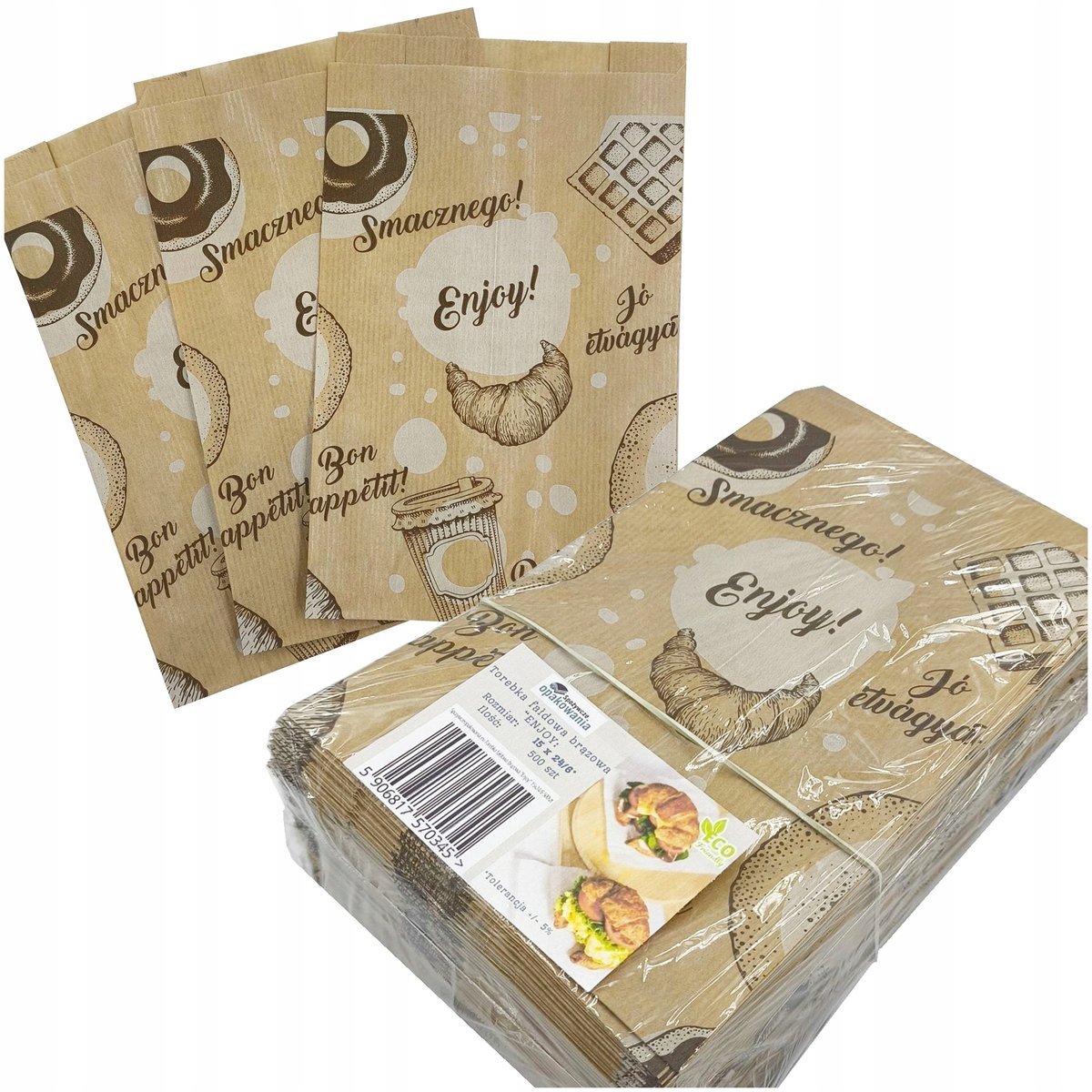 Torba papierowa brązowa torebka eko śniadaniowa 150x240 mm 500 sztuk z nadrukiem Enjoy Smacznego do kanapek pączków ciastek pieczywa bakalii i przek..