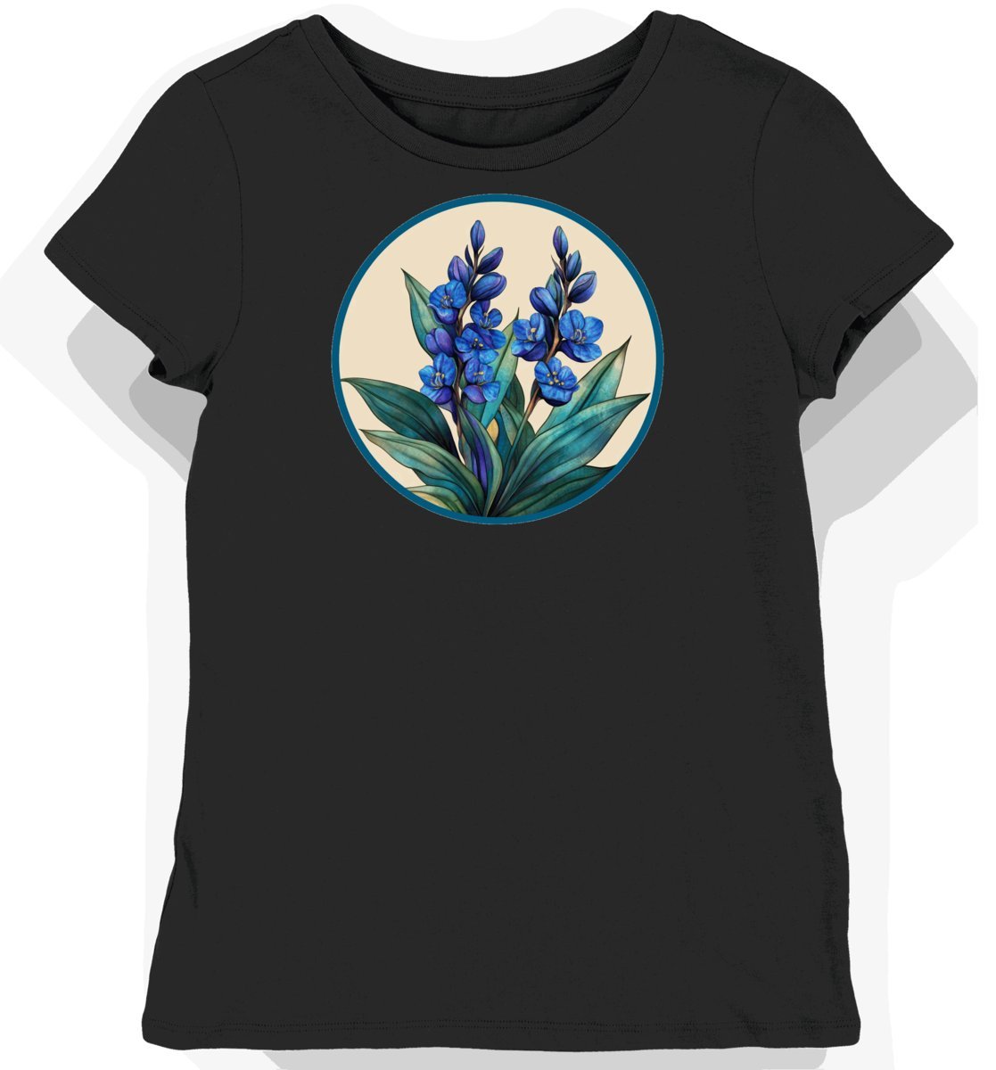 Koszulka damska czarna z motywem tropikalnych liści i kwiatów L