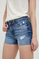 Spodenki damskie - Guess szorty jeansowe damskie kolor niebieski gładkie medium waist - miniaturka - grafika 1
