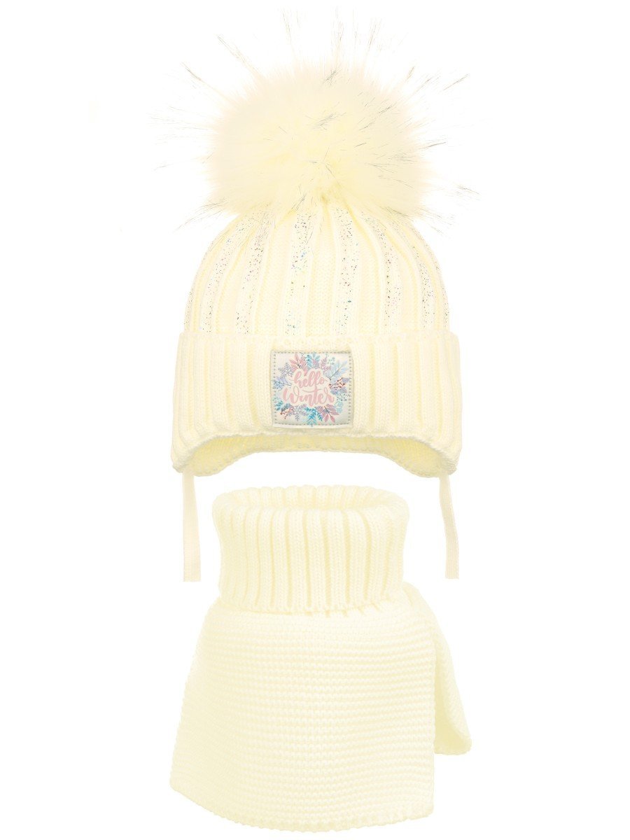 Dziewczęcy komplet zimowy czapka i komin hello winter ecru Ambra r.46/48