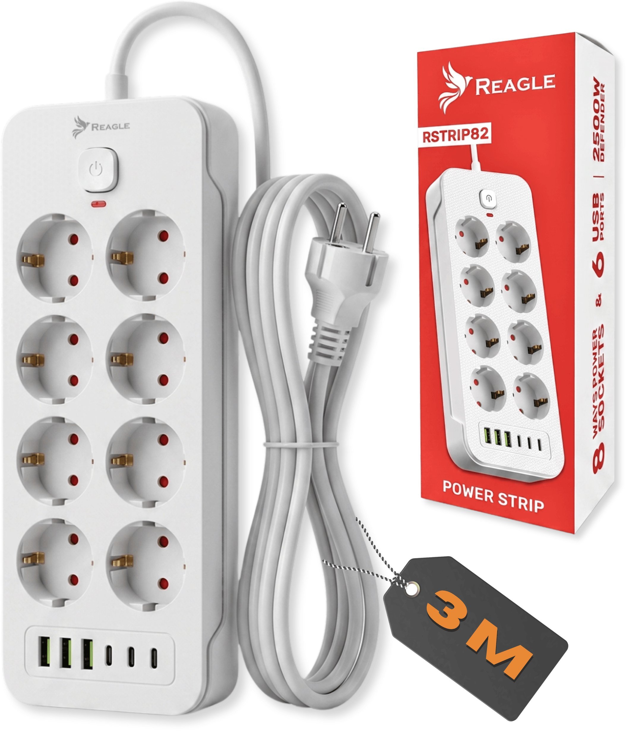 Listwa zasilająca Reagle PRZEDŁUŻACZ LISTWA ZASILAJĄCA 3M ANTYPRZEPIĘCIOWA 8 GNIAZD 230V 6 USB BIAŁY REAGLE