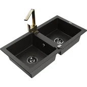 Zlewozmywaki z baterią - Mexen Mario zlewozmywak granitowy 2-komorowy z baterią kuchenną Rita, czarny/złoty metalik - miniaturka - grafika 1