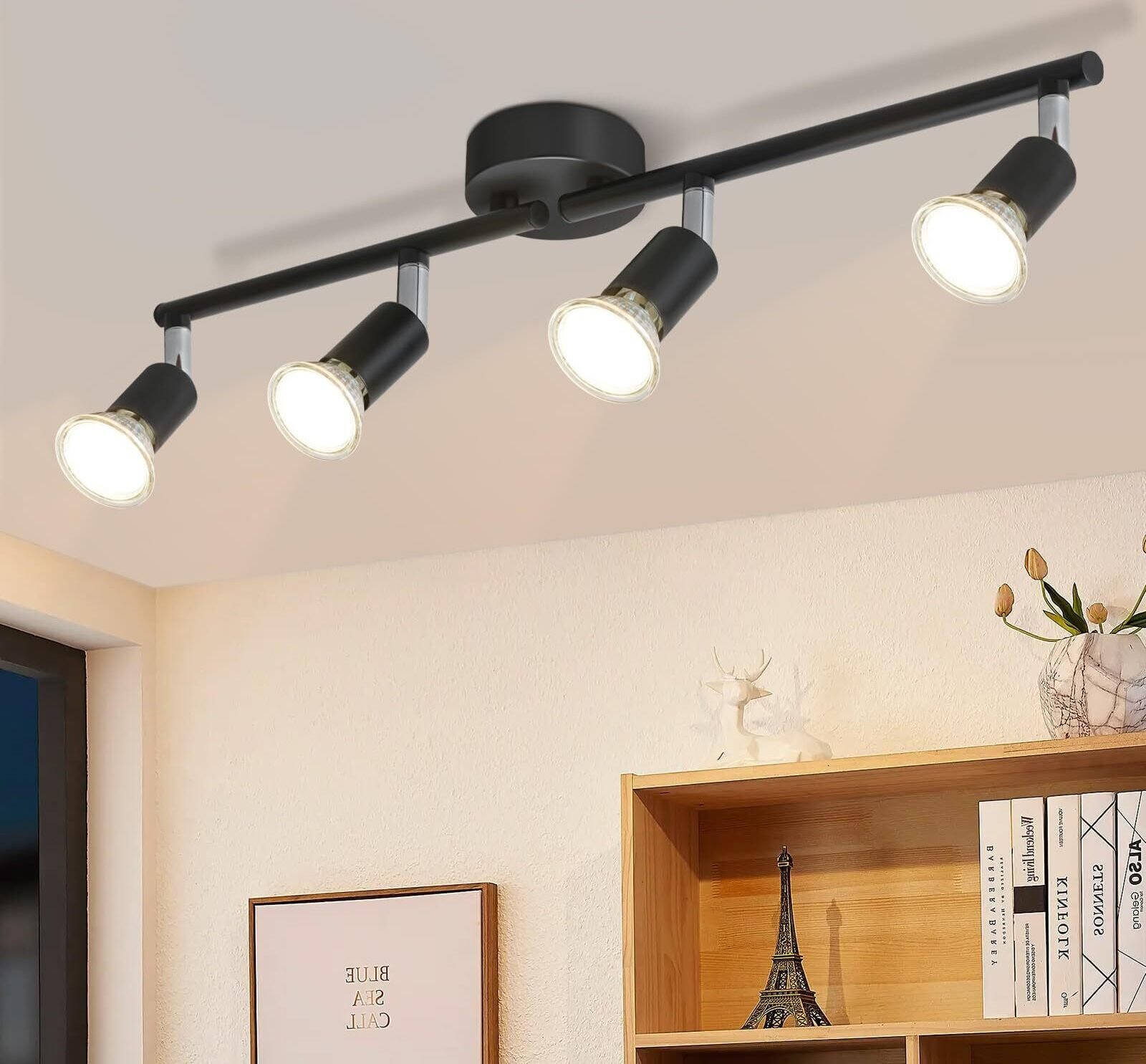 ZMH lampa sufitowa LED reflektor sufitowy 4 płomienie salon czarna lampa sufitowa GU10 sufit spot obrotowy 350° sufit obrotowy sypialnia kuchnia przedpokój