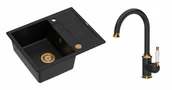 Zlewozmywaki z baterią - Quadron Unique Zlewozmywak granitowy jednokomorowy 62*50*22 cm z ociekaczem MORGAN 116 PURE CARBON z syfonem Push-2-Open w kolorze miedzianym z baterią RACHEL PURE CARBON kolor czarny mat/wykończenie miedź - miniaturka - grafika 1