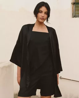 Szlafroki damskie - LOVLI SILK Czarne oversizowe kimono z jedwabiu #NO.92 rozmiar S - grafika 1