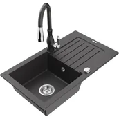 Zlewozmywaki z baterią - Mexen Pablo zlewozmywak granitowy 1-komorowy z ociekaczem i baterią kuchenną Savita, czarny nakrapiany - miniaturka - grafika 1
