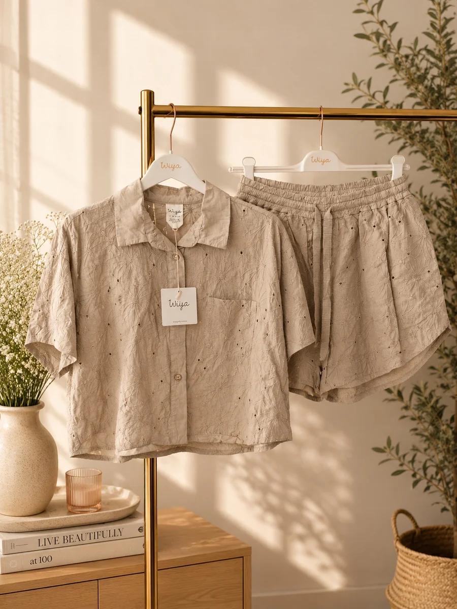 Komplet damski Wiya – haftowana koszula + szorty - Cashmere