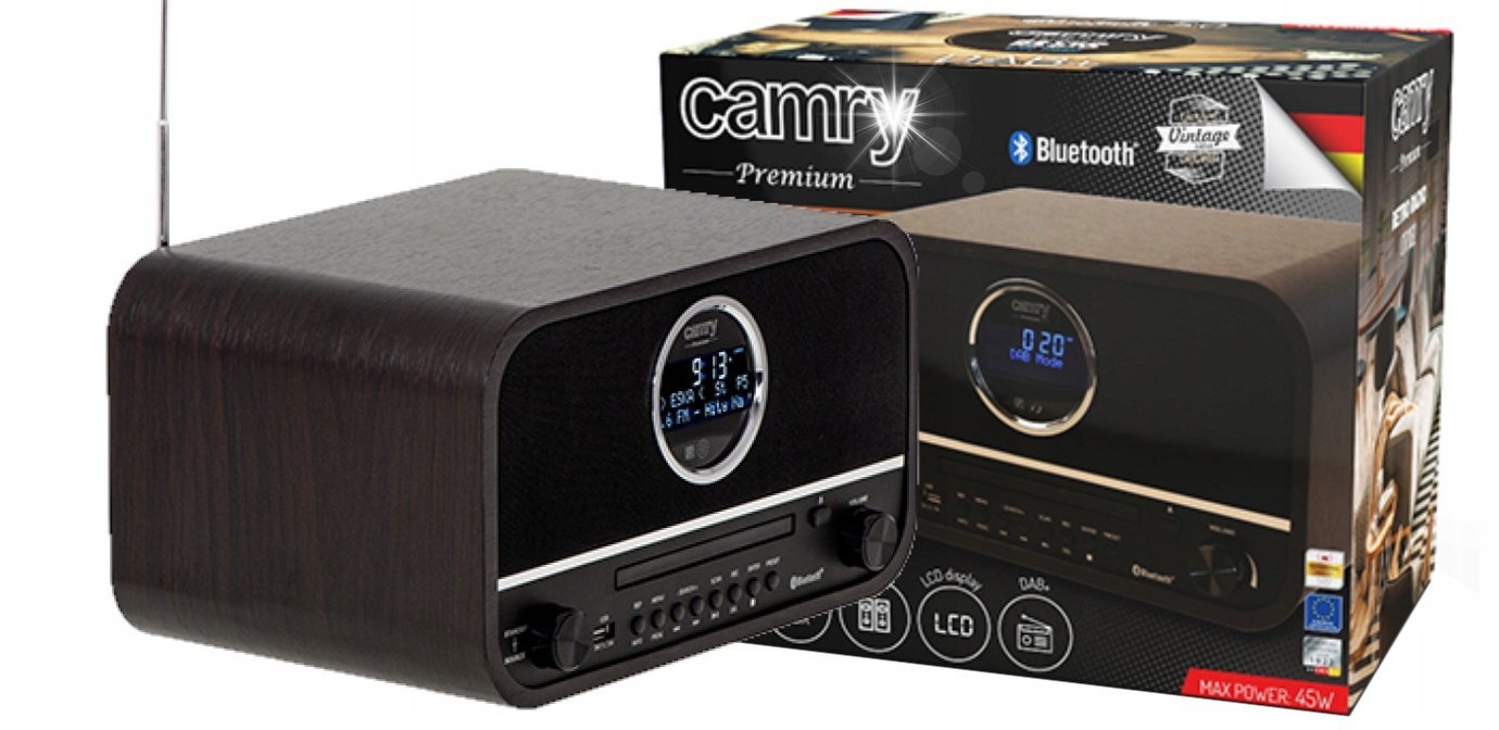 Camry Radio kuchenne przenośne drewniane retro bluetooth USB DAB+ LCD AUX pilot