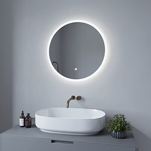 AQUABATOS® Okrągłe lustro łazienkowe z oświetleniem LED, ścienne, podświetlane, 60 cm, przełącznik dotykowy, temperatura barwowa, zimna biel, 6400 K, ochrona przed parowaniem, IP44, CE, 60 cm