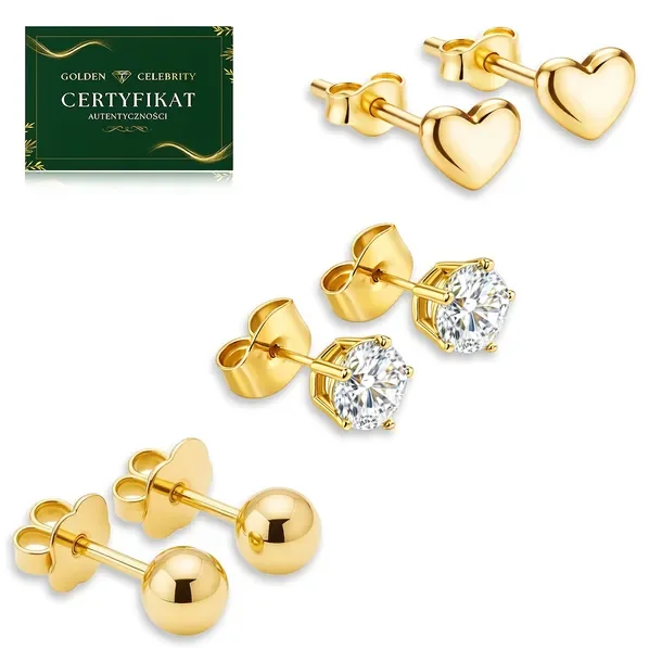 Kolczyki Ze Stali Chirurgicznej Kuleczki, Serca, Diamenciki, Zestaw 3 Par