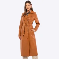 Płaszcze damskie - Damski płaszcz ze skóry owczej dwurzędowy brązowy - miniaturka - grafika 1