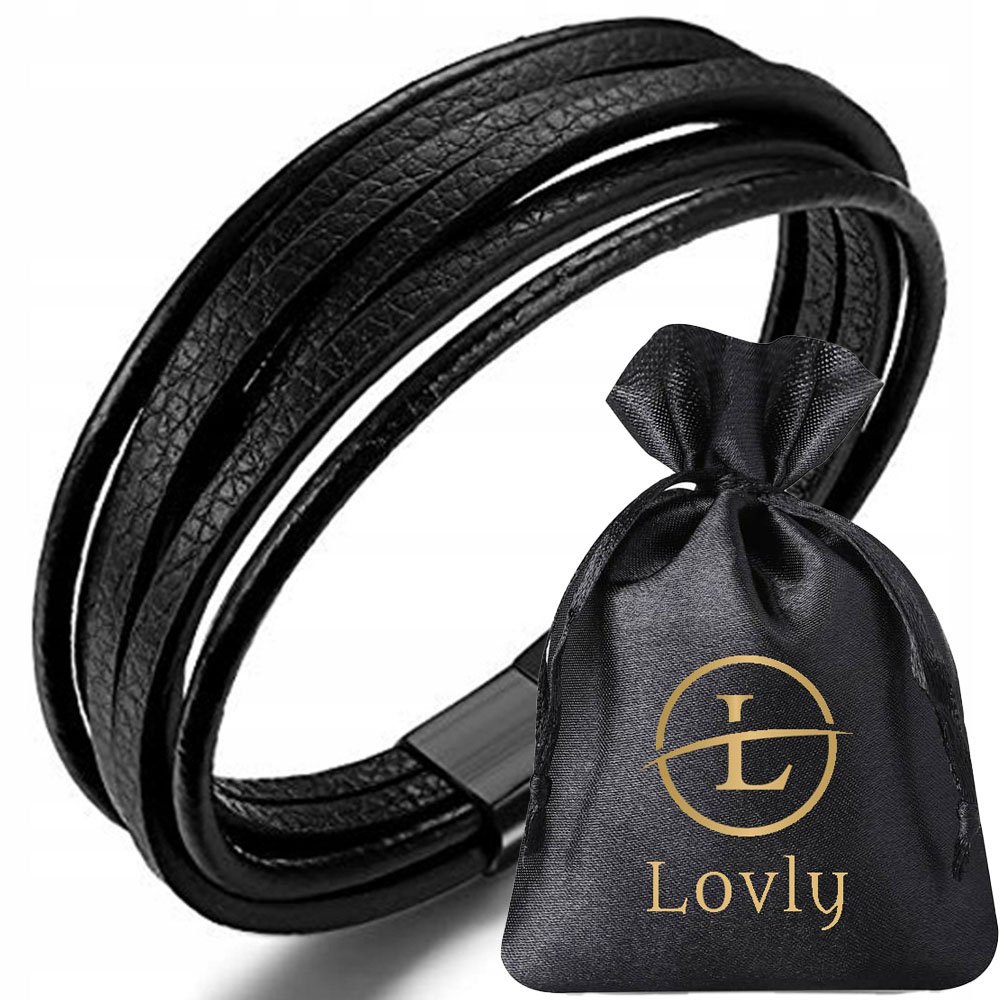 Czarna Skórzana Bransoletka Męska Stal Nierdzewna Elegancka Na Prezent