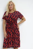 Sukienki - Czerwono-Granatowa Sukienka Midi w Kwiaty z Materiałowymi Paskami i Krótkimi Rękawami Sealiva - miniaturka - grafika 1