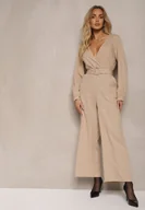 Kombinezony - Beżowy Kopertowy Kombinezon z Bawełny z Dodatkowym Paskiem i Gumką w Talii Rinnarela - miniaturka - grafika 1