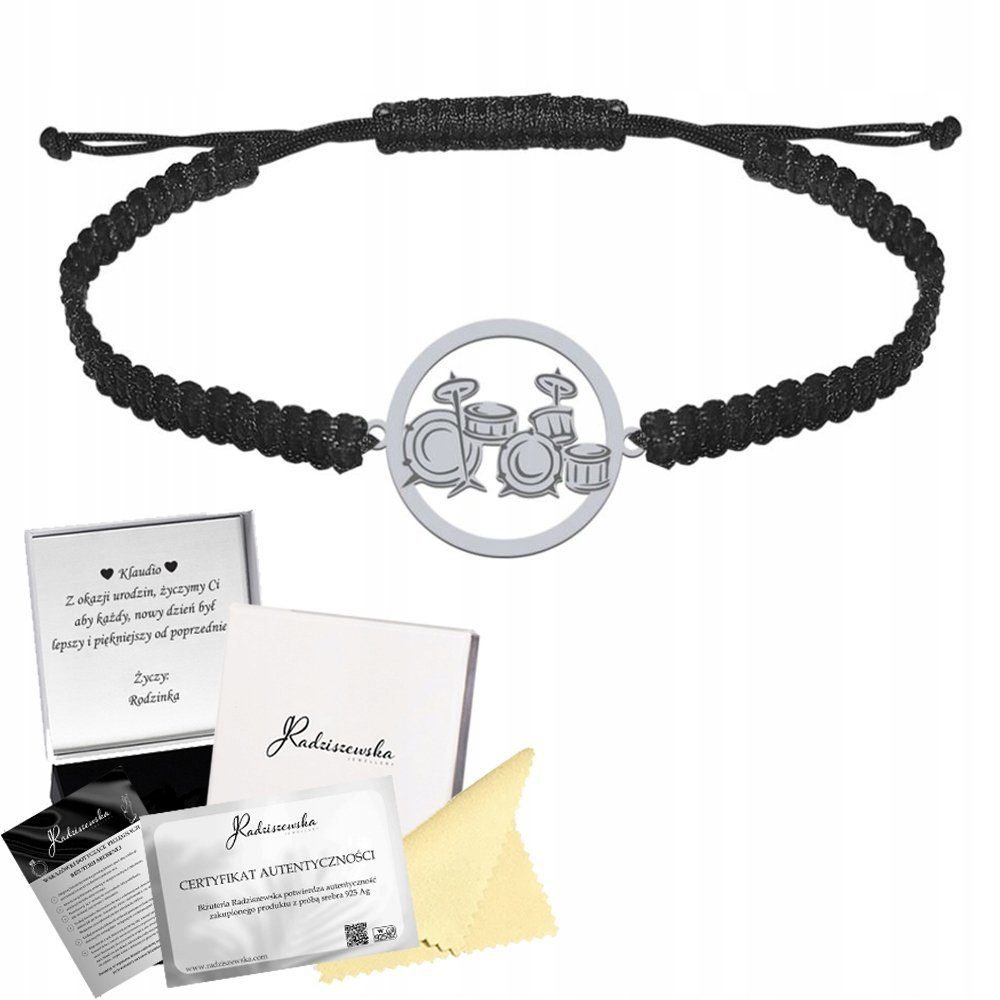 Bransoleta Męska Perkusja Sznurek Srebro 925 Prezent Biżuteria GRAWER