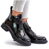 Botki damskie - S.Barski Skórzane Lakierowane Botki Damskie Na Zamek D&A JC42-24 Czarne - miniaturka - grafika 1