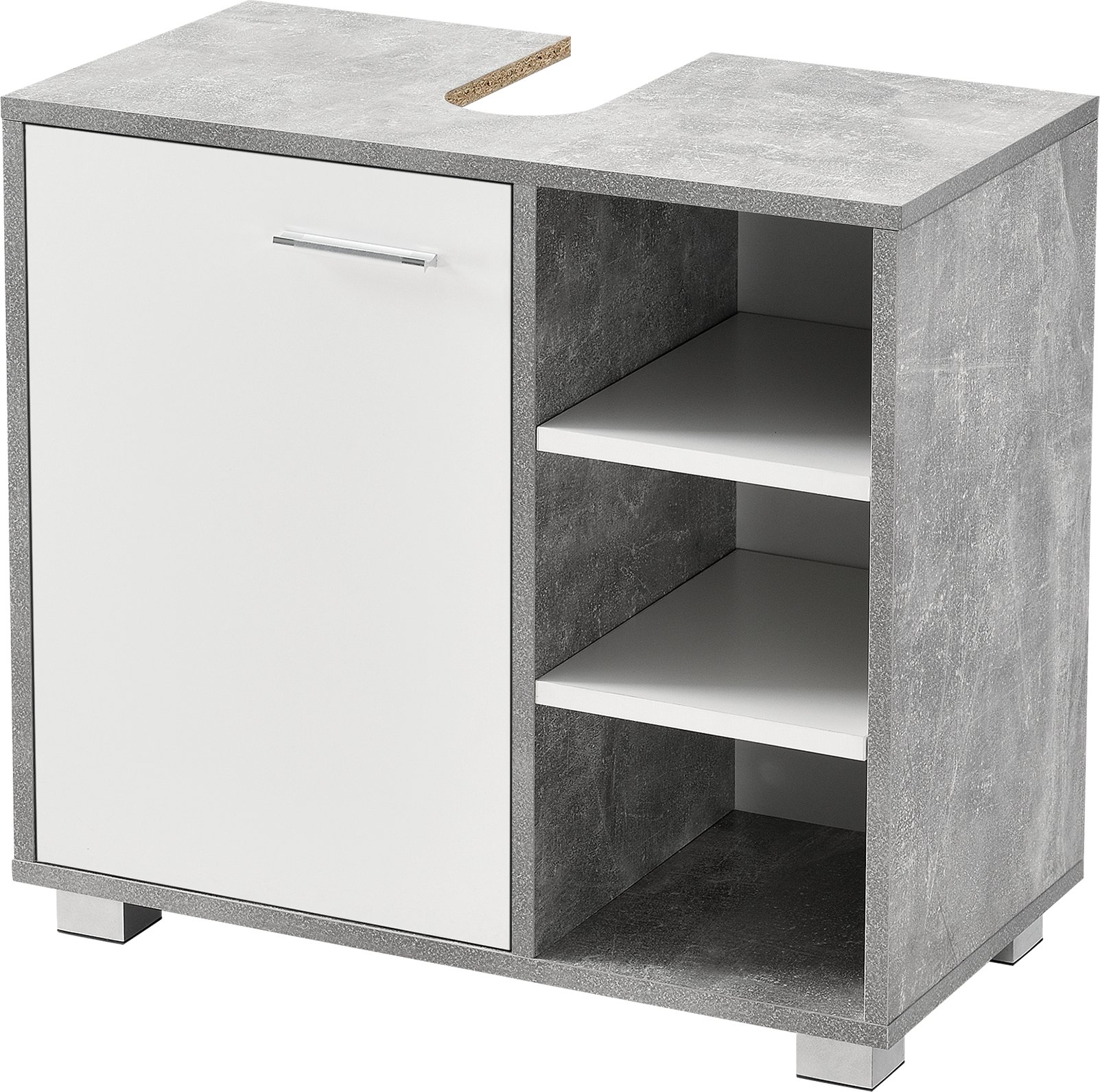 Szafka podumywalkowa 56 x 60 x 31 cm Szafka łazienkowa z wycięciem na syfon Szafka łazienkowa z drzwiczkami szafki 3 schowki Betonowy wygląd/biały [en.casa]