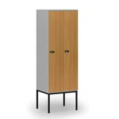 Szafy biurowe - Drewniana szafa ubraniowa z podstawą, 2 przegródki, zamek mechaniczny z kodem, szary/buk - miniaturka - grafika 1