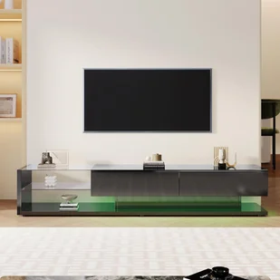 Fortuna Lai szafka RTV wysoki połysk niska, szafka RTV 170 cm z oświetleniem LED, z 2 szufladami, szklanymi przegrodami, półką, nowoczesne meble do salonu (czarny) - Szafki RTV - miniaturka - grafika 1