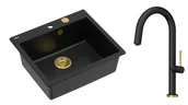 Zlewozmywaki z baterią - Quadron Unique Zlewozmywak granitowy jednokomorowy 57*50*22 cm MORGAN 110 PURE CARBON z syfonem Push-2-Open w kolorze złotym z baterią HALEY T LINE PURE CARBON kolor czarny mat/wykończenie złote - miniaturka - grafika 1