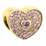 Bransoletki - Złoty Charms Kryształowe Serce Różowe Cyrkonie Kryształy SREBRO 925 - miniaturka - grafika 1
