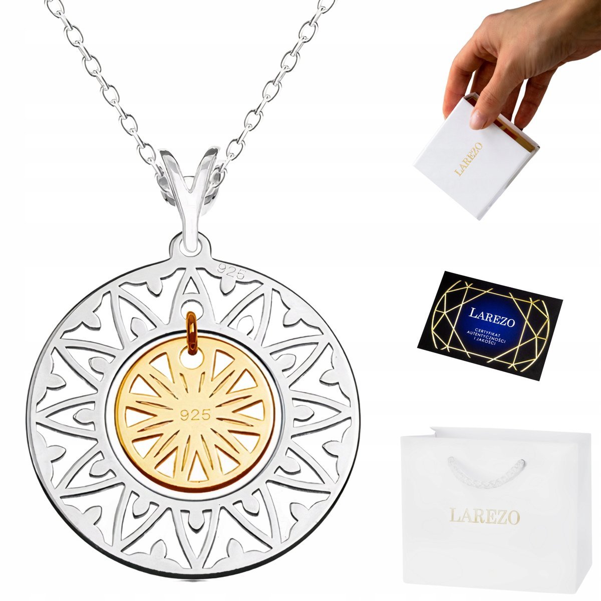 Naszyjnik Srebrny 925 Ażurowy Okrągły Kółko Koło Ozdobny Kolorowy Medalion