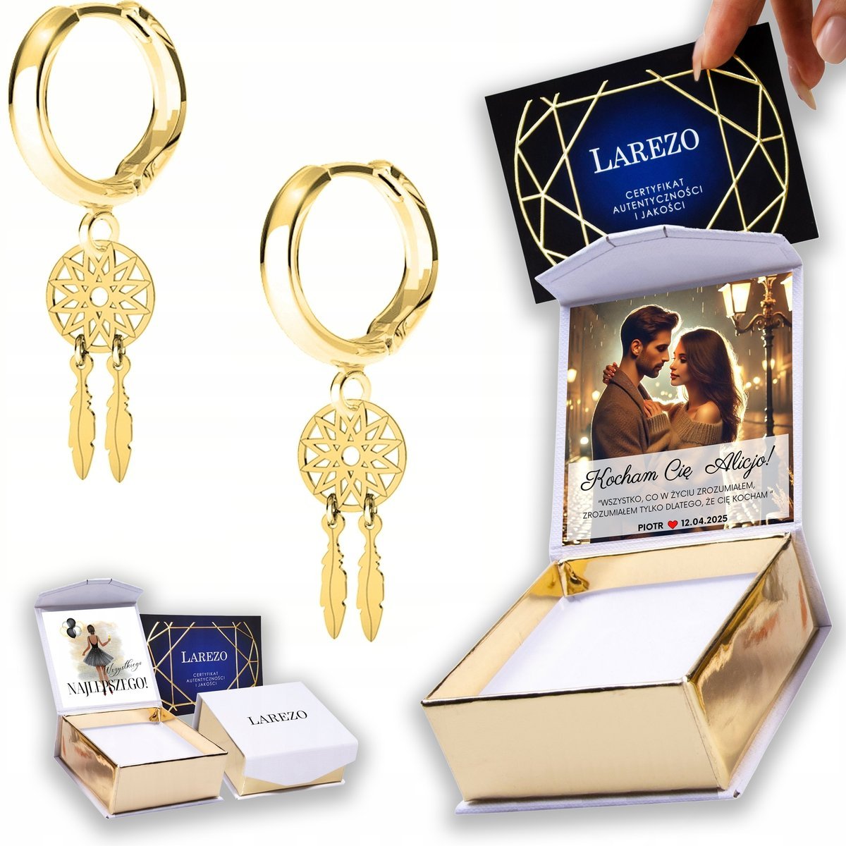 Złote Kolczyki 925 Łapacze Snów z Piórkami Gwiazdki Pióra Piórka NADRUK