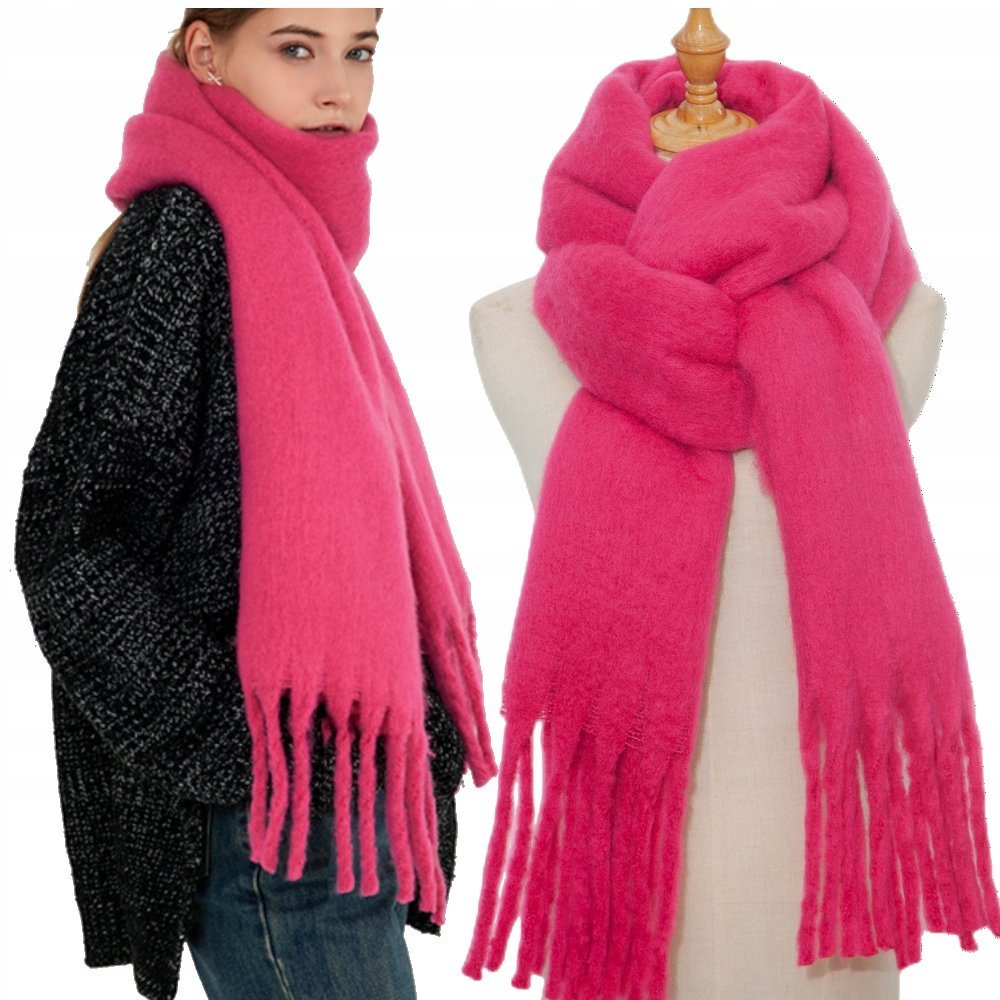 Duży ciepły szal gruby elegancki mondy szalik damski zimowy chusta kolor różowy