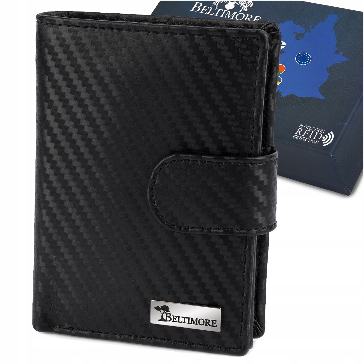 Męski portfel skórzany klasyczny RFiD duży czarny carbon premium Beltimore