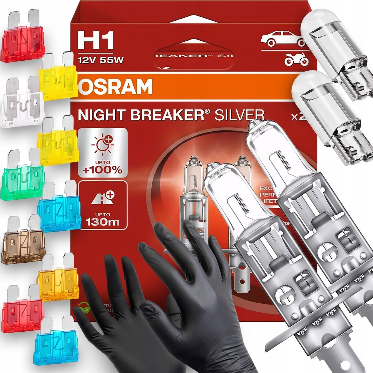 Żarówki Osram H1 Night Breaker Silver 100% W5W Led Bezpieczniki Rękawiczki