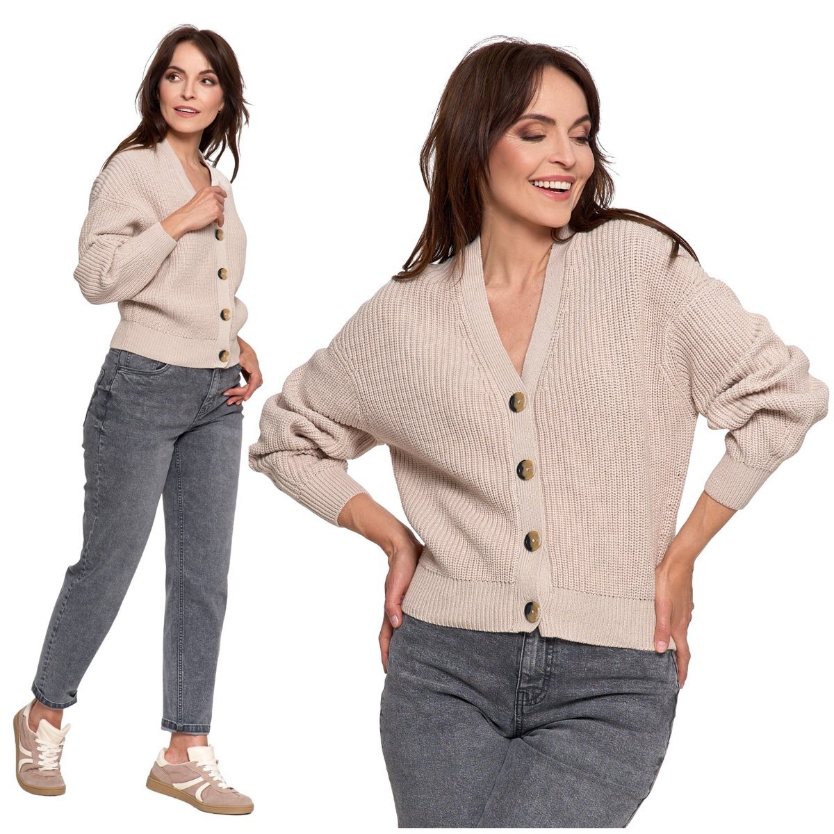 CIEPŁY SWETER DAMSKI KARDIGAN SZEROKIE RĘKAWY ELEGANCKI KLASYCZNY MORAJ L