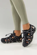 Sandały damskie - Czarne sandały trekkingowe damskie na elastycznej bieżnikowanej podeszwie z regulowaną elastyczną sznurówką zakryta pięta szare wstawki Casu 2307-1W - miniaturka - grafika 1