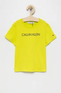 Koszulki i topy damskie - Calvin Klein Jeans Jeans T-shirt bawełniany dziecięcy kolor zielony z nadrukiem - grafika 1