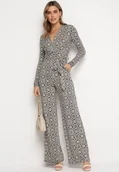 Kombinezony - Biało-Czarny Wzorzysty Kombinezon z Długim Rękawem i Szerokimi Spodniami z Wiązaniem w Pasie Vilati - miniaturka - grafika 1