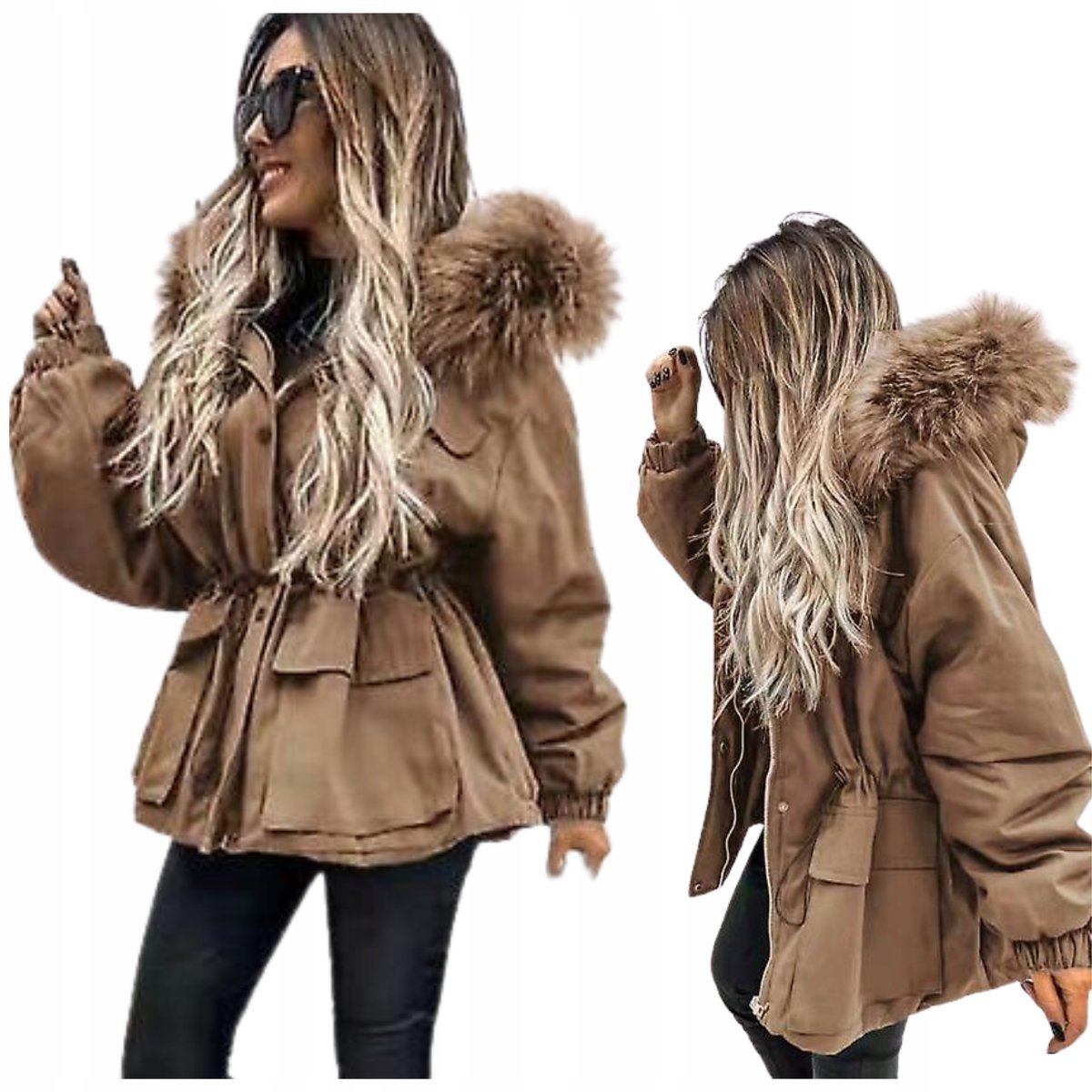 KURTKA PARKA DAMSKA ZIMOWA Z KAPTUREM CIEPŁA OCIEPLANA Z FUTERKIEM - M