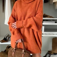 Swetry damskie - TEMU Damski Sweter Zimowy Oversize - Gruby Ciepły Sweter z Wysokim Kołnierzem, Brązowy (Musztardowy/Żółty/Tortoiseshell) Luźny Długi Sweter Kurtka - miniaturka - grafika 1