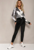 Dresy damskie - Czarny Welurowy Komplet Dresowy z Wzorzystą Bluzą z Kapturem i Joggerami Rouviana - miniaturka - grafika 1