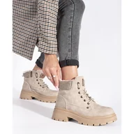 Botki damskie - Goodin Beżowe ocieplane trapery damskie beżowy - miniaturka - grafika 1