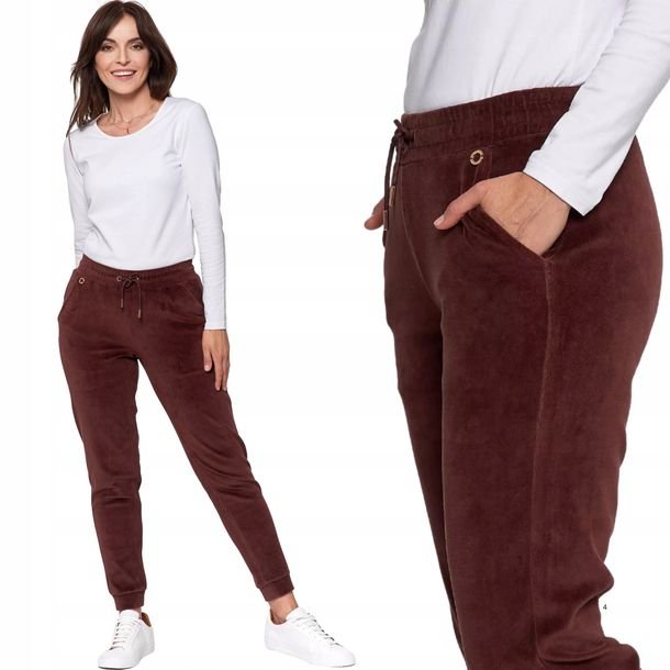 Wygodne Spodnie Damskie Welurowe Bawełniane Dresy MORAJ Brązowy 2XL BROWN
