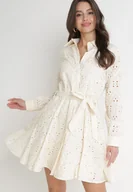 Sukienki - Beżowa Ażurowa Sukienka Bawełniana z Wiązanym Paskiem Ilerah - miniaturka - grafika 1