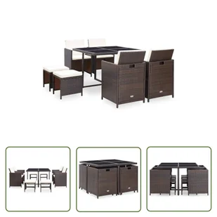 The Living Store 9-cz. zestaw mebli ogrodowych z poduszkami - rattan PE - brązowy - Ogrodowy Stół I Krzesła - Meble ogrodowe - miniaturka - grafika 1