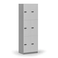 Szafki biurowe - Drewniana szafka skrytkowa, 6 schowków, zamek mechaniczny z kodem, szary/biały - miniaturka - grafika 1