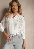 Koszule damskie - Biała Koszula z Wiskozą o Kroju Oversize z Cyrkoniową Aplikacją Maliera - miniaturka - grafika 1