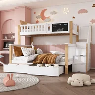 Łóżka dla dzieci i młodzieży - Łóżko piętrowe z litej sosny z szufladami i drabinką - 90x200cm + 140x200cm - białe i naturalne - miniaturka - grafika 1