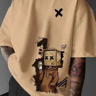 TEMU Męska letnia koszulka z krótkim rękawem z zabawnym motywem robota i babeczki - Czerwona, krótki rękaw, okrągły dekolt, luźny krój, geometryczny - Koszulki męskie - miniaturka - grafika 1