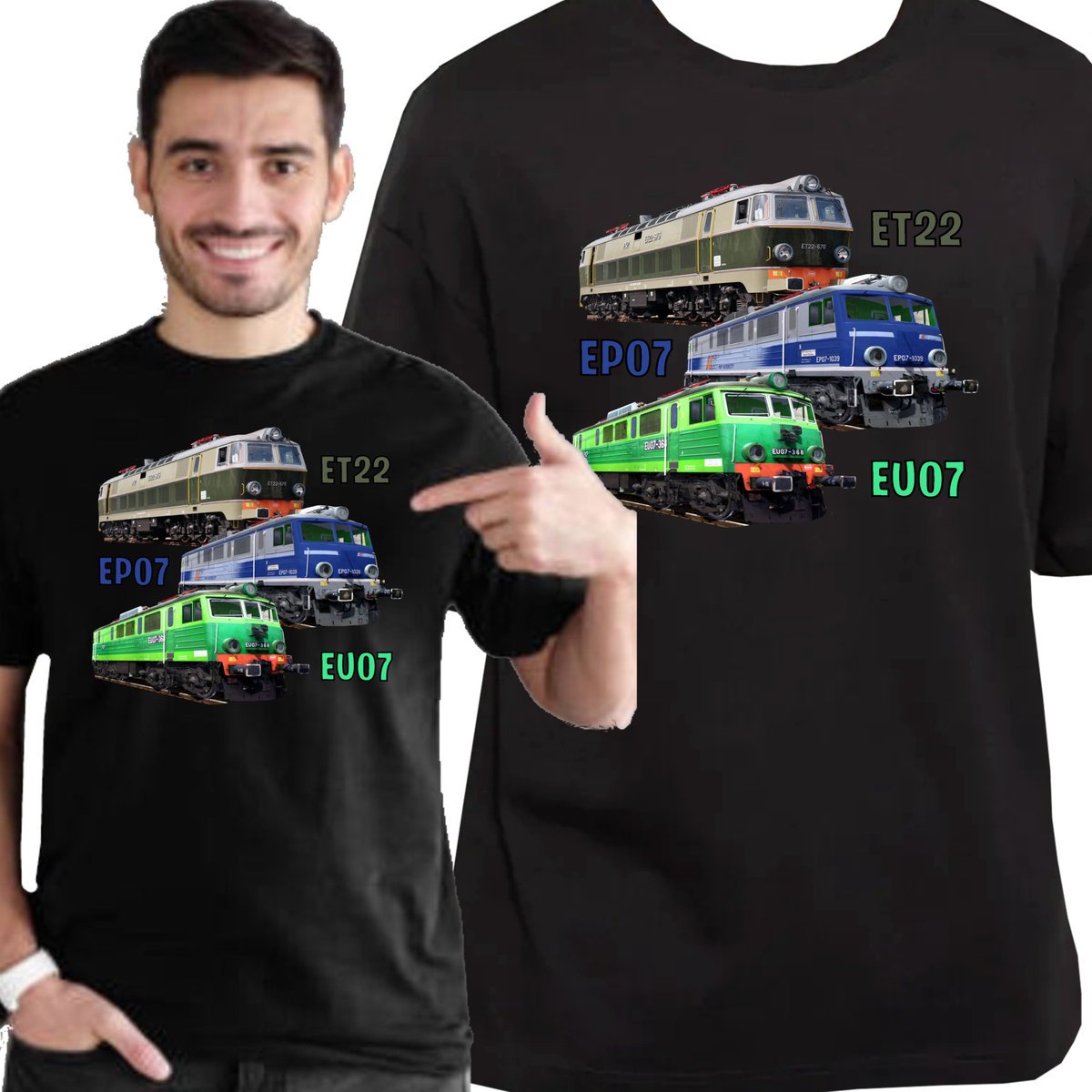 KOSZULKA NADRUK POCIĄG PAROWÓZ LOKOMOTYWA ET22 EP07 EU07 M 3431 CZARNA