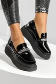 Mokasyny damskie - Czarne mokasyny skórzane damskie na platformie z cyrkoniami PRODUKT POLSKI Casu 2636-600-NO-40 - miniaturka - grafika 1